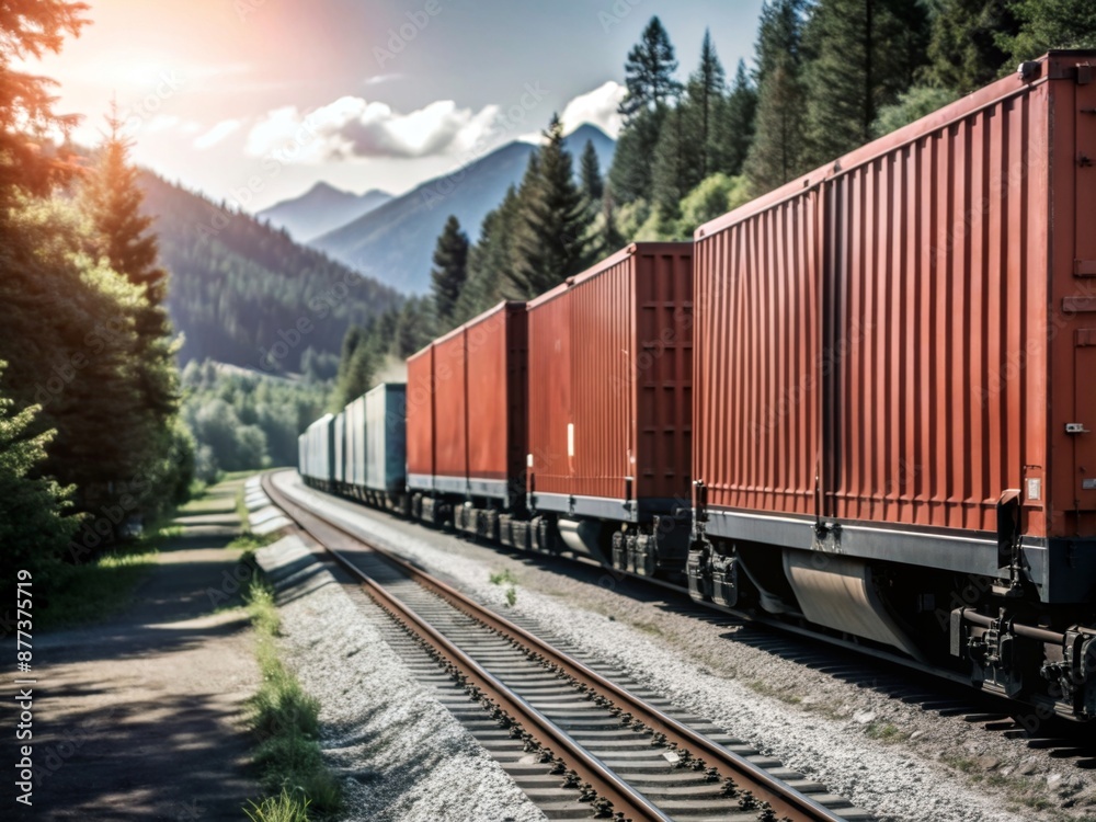 Obraz premium Silhouette of a freight train passing through a rural area, with trees and mountains.