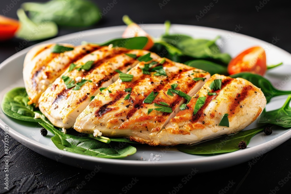 Grilled chicken breast with spinach and tomato on a white plate. Grilled chicken breast with spinach and tomato on a white plate.