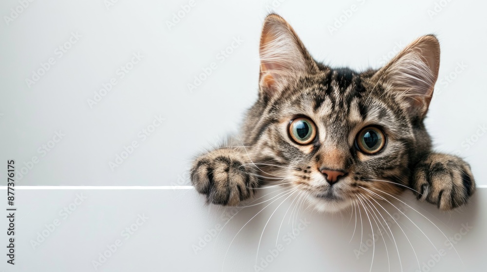 Adorable cat hiding behind a plain banner on a white backdrop Adorable cat hiding behind a plain banner on a white backdrop