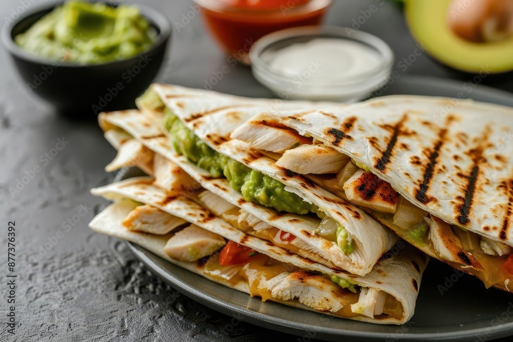 Closeup of a plate of delicious grilled chicken quesadillas with guacamole, salsa and sour cream. Closeup of a plate of delicious grilled chicken quesadillas with guacamole, salsa and sour cream.