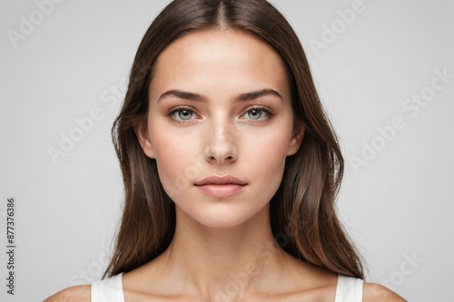 Portrait of young beautiful woman with perfect smooth skin isolated over white background.