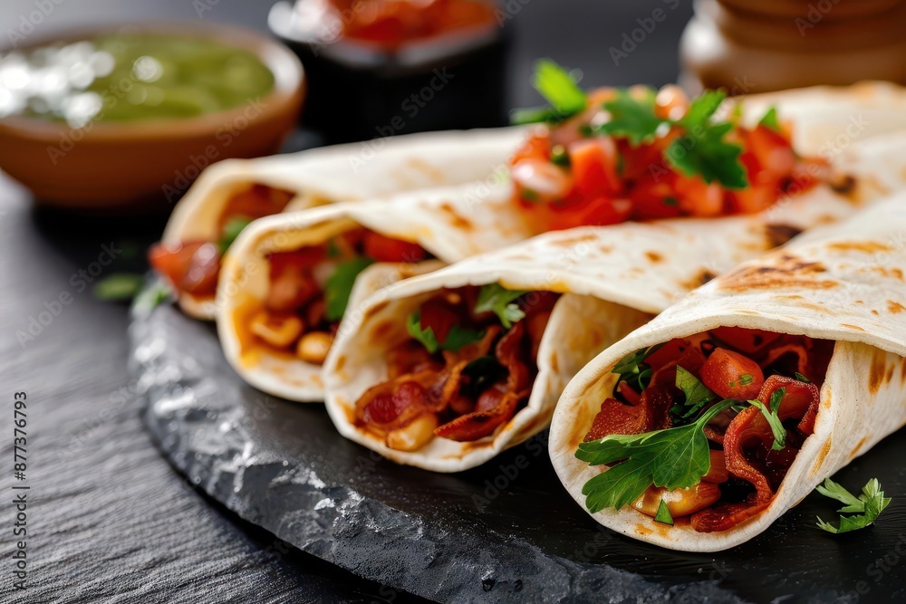 Closeup of four delicious tacos on a slate plate with salsa and guacamole. Closeup of four delicious tacos on a slate plate with salsa and guacamole.