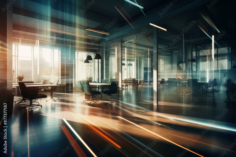 Contemporary office interior bathed in natural light and digital light streaks, illustrating a busy work environment Contemporary office interior bathed in natural light and digital light streaks, illustrating a busy work environment