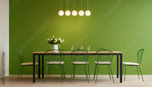 dining room with modern minimalist table where hedo wall texture, background for text photo