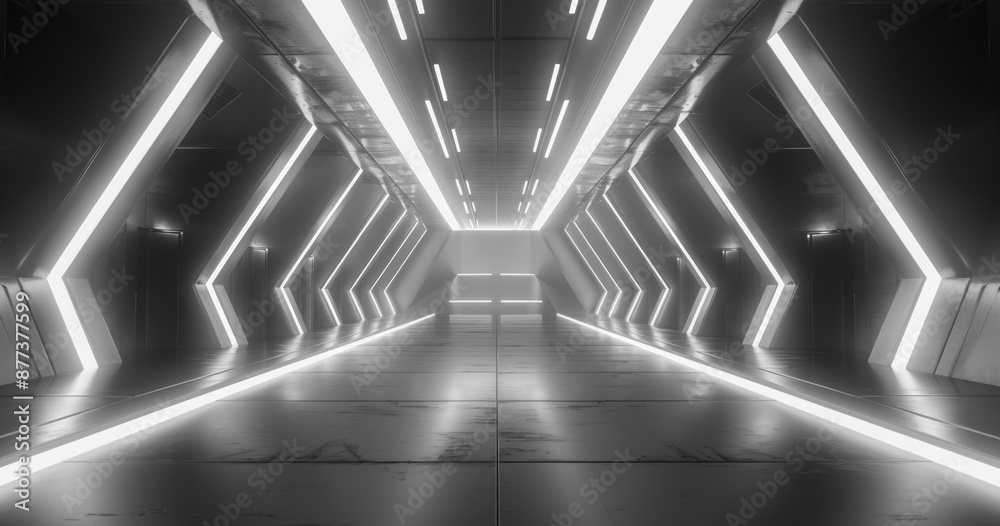 An alien space ship corridor with blue LED lights and an hexagonal ...