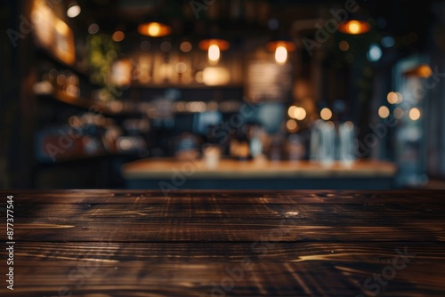 The background is an empty old wood table top and a blurred bokeh cafe and coffee shop interior with a vintage filter. It can be used for displaying or montaging your product. © Mark