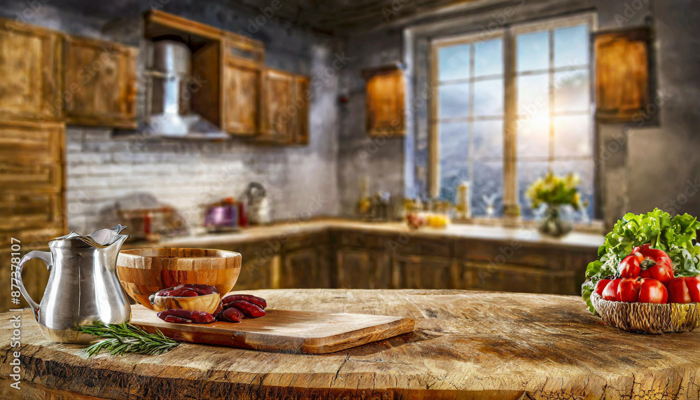 Wooden table surface with modern stove top on blurred background of modern kitchen interior with shelves with tableware Wooden table surface with modern stove top on blurred background of modern kitchen interior with shelves with tableware