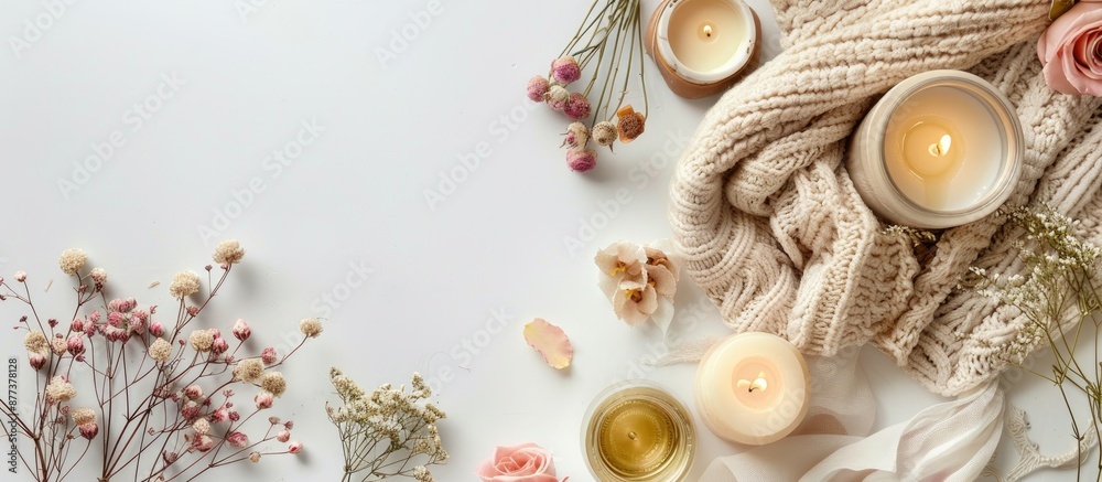 Obraz premium Top down view of a feminine work area featuring a white background adorned with roses candles textiles and decorations ideal for adding text or images. Copy space image