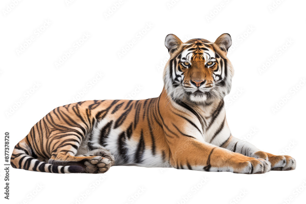 Obraz premium Majestic tiger lying down, alert gaze, striped coat on white background.