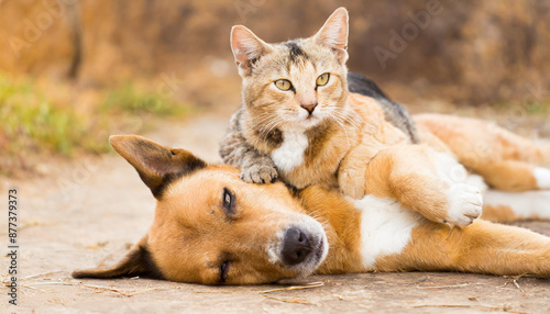Dog and cat playing together outdoor.Lying on the back together. © netsay