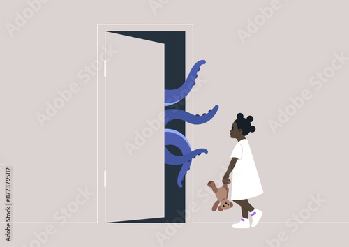 Childhood trauma, A young girl walks to an open door, holding a teddy bear, as a fearsome monster with tentacles emerges from the darkness