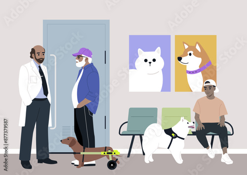 A vet doctor listens to a patient as a dachshund in a wheelchair harness waits nearby, A non-binary person sits with another dog across from them