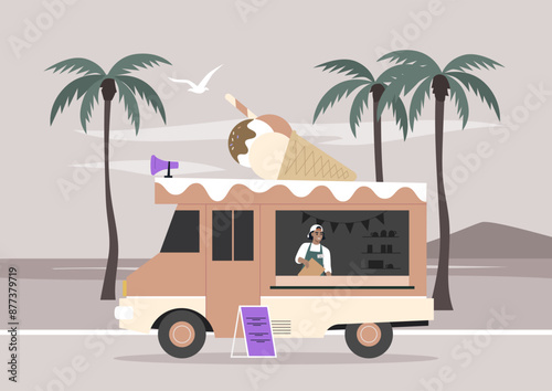 A food truck is parked on a beach, with a large ice cream cone on top, and a person serving desserts from the window, Palm trees sway in the background