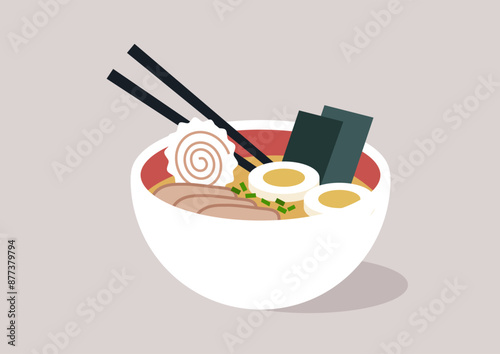 A white bowl of ramen with a red inside, filled with noodles, broth, egg, seaweed, and fish cake, Chopsticks rest on the rim of the bowl
