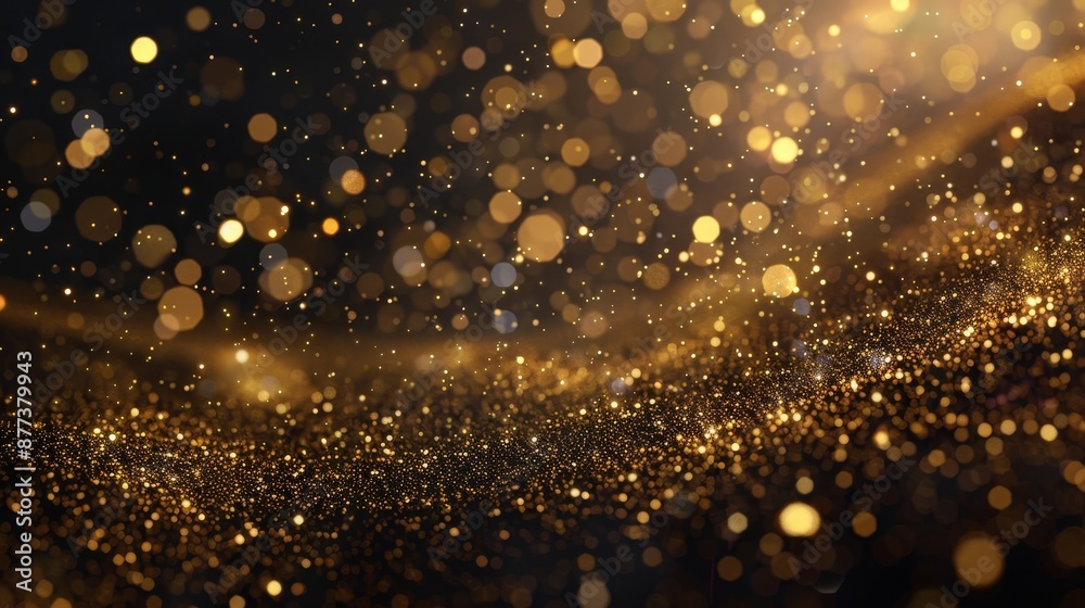 A beautiful background with falling golden glitter particles. Magic light falls on falling gold confetti. A beautiful background with falling golden glitter particles. Magic light falls on falling gold confetti.