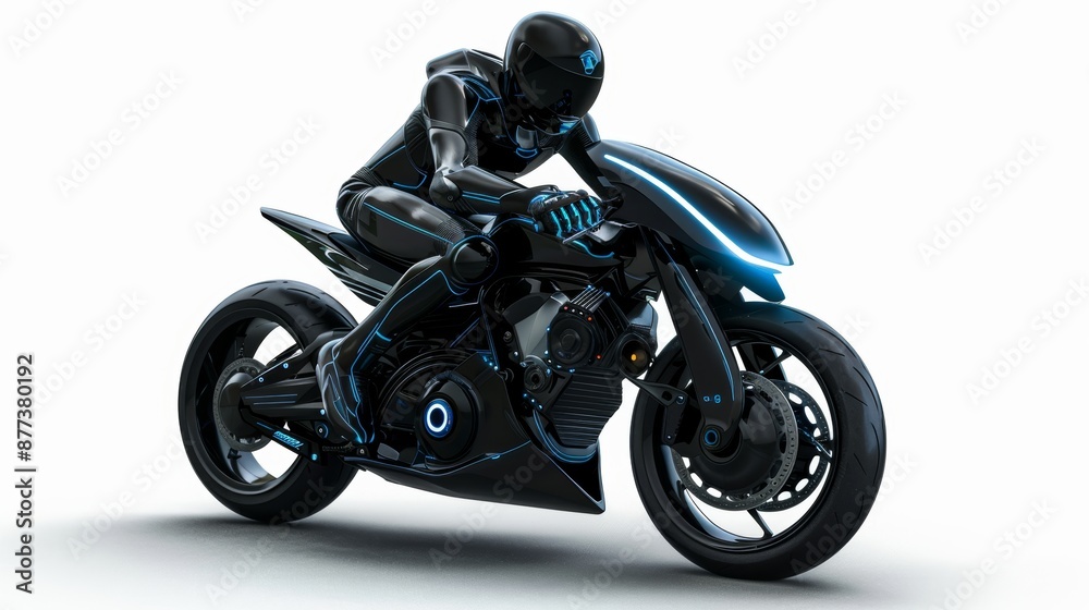 Three-dimensional rendering of a biker girl with a helmet riding a sci-fi bike on a black futuristic motorcycle, isolated on white Three-dimensional rendering of a biker girl with a helmet riding a sci-fi bike on a black futuristic motorcycle, isolated on white