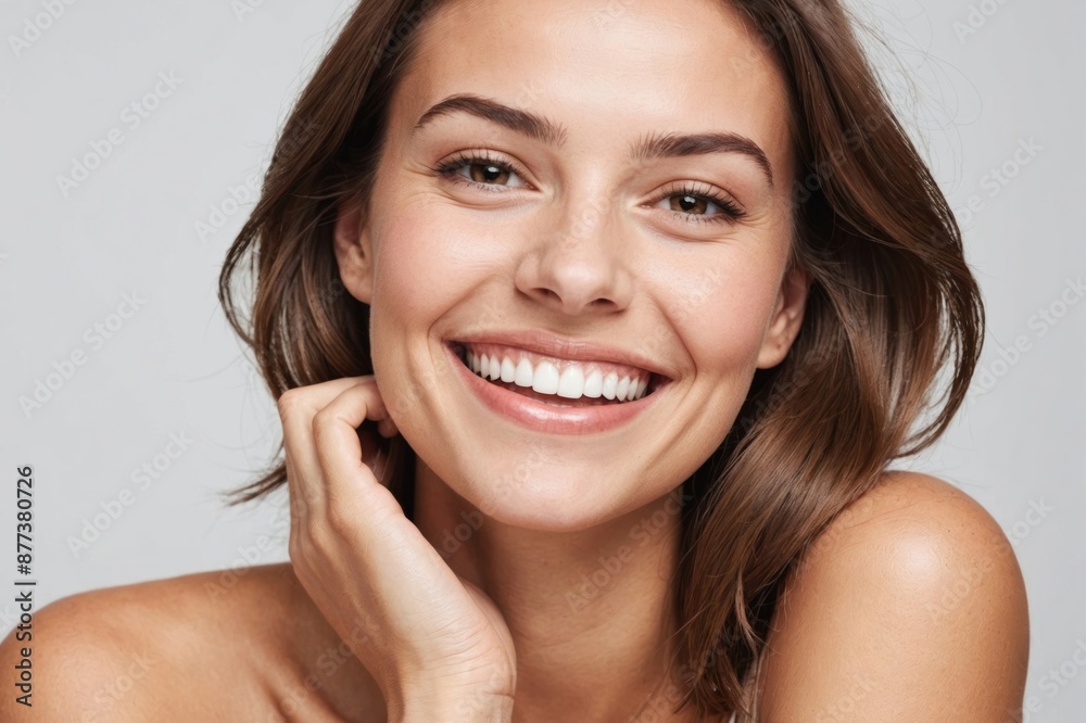 A happy laughing young woman with perfect skin, natural make-up and a beautiful smile. Female portrait with bare shoulders on a white background. A happy laughing young woman with perfect skin, natural make-up and a beautiful smile. Female portrait with bare shoulders on a white background.