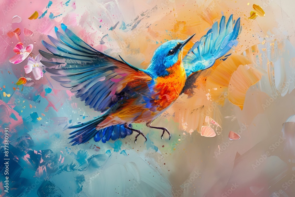 Colorful bird is spreading its wings and flying in an abstract painting, symbolizing freedom and inspiration Colorful bird is spreading its wings and flying in an abstract painting, symbolizing freedom and inspiration