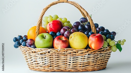 A wicker basket filled with fresh fruit, including apples, grapes, and an orange.