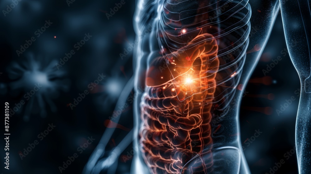 A digital illustration of the human digestive system, highlighting the ...