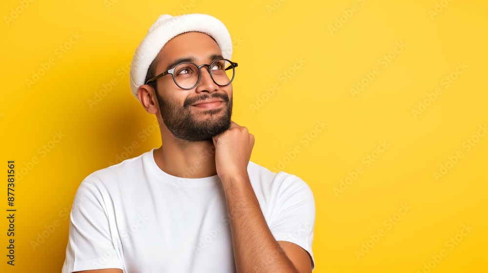 A man with glasses and a white hat is looking up at the camera. He is deep in thought A man with glasses and a white hat is looking up at the camera. He is deep in thought