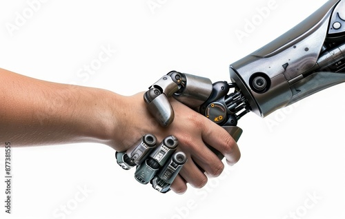 An isolated white background shows a robot pulling a woman's hand, two hands on rescue. Concept of the future. Stock image. © Mark