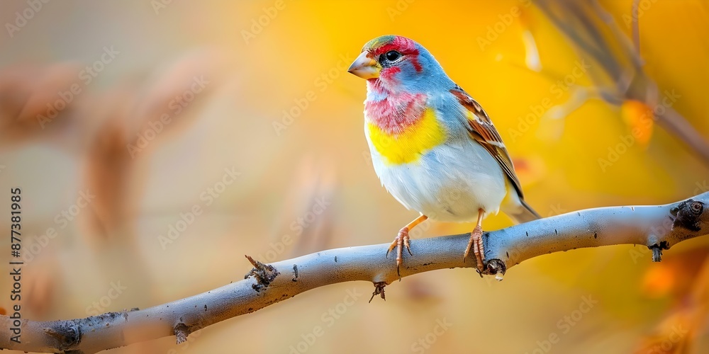 Fototapeta premium Vibrant Finch Camouflaged on Branch in Arizona, USA. Concept Nature, Birds, Wildlife, Camouflage, Photography