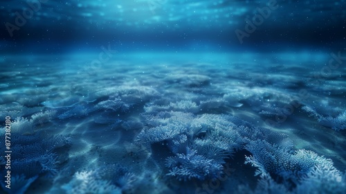 An underwater scene with a vast expanse of blue water and a rocky seabed. Sunlight filters through the surface, illuminating the scene.