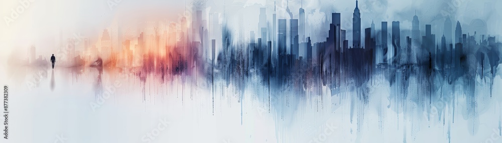 Obraz premium Abstract cityscape with blurred buildings and a soft, colorful background.