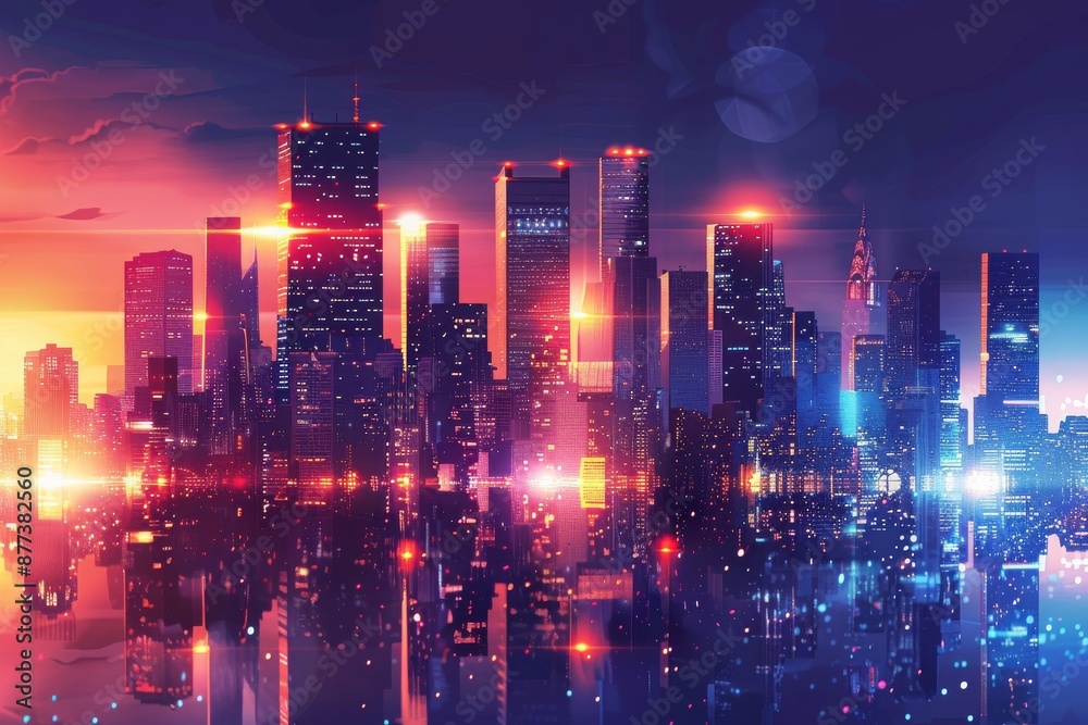 Fototapeta premium Neon City Skyline at Sunset With Reflection