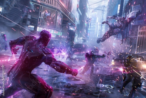 Futuristic Cityscape Battle Between Red Armored Hero and Gray Villain
