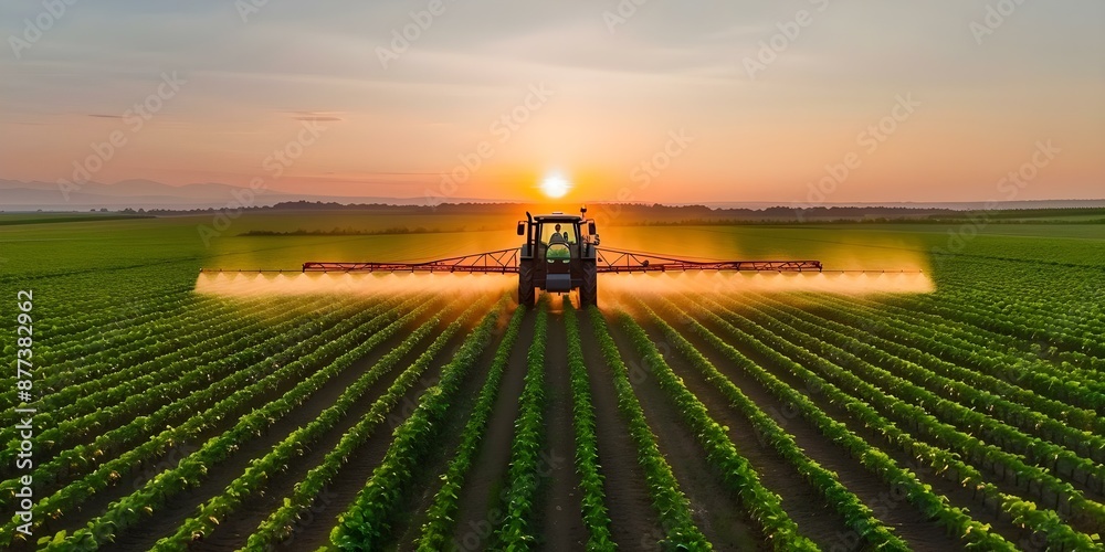 Aerial view of tractor spraying pesticides on green soybean field at sunset. Concept Agriculture, Aerial Photography, Pesticide Application, Sunset, Soybean Farming Aerial view of tractor spraying pesticides on green soybean field at sunset. Concept Agriculture, Aerial Photography, Pesticide Application, Sunset, Soybean Farming