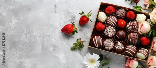 A stunning arrangement of chocolate covered strawberries in a box accompanied by flowers displayed on a light grey table with ample copy space for adding text