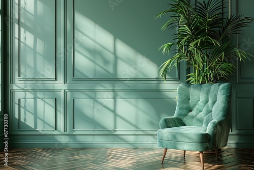 Beautiful luxury classic blue green clean interior room in classic style with green soft armchair. Vintage antique blue-green chair standing beside emerald wall. Minimalist home.