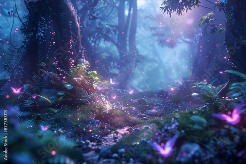 Enchanting Blue Forest With Glow-In-The-Dark Butterflies At Night
