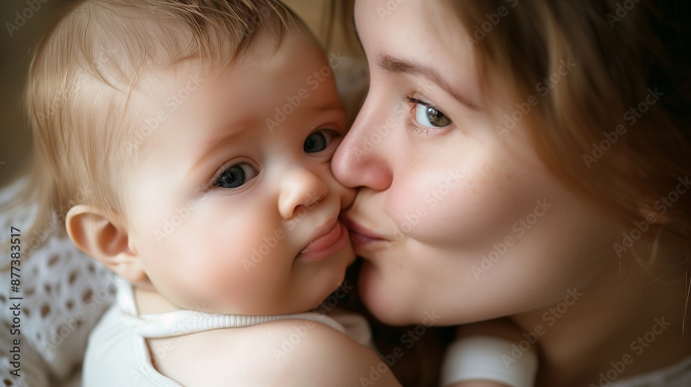 Close-up of a mother planting a gentle kiss on her baby's cheek Close-up of a mother planting a gentle kiss on her baby's cheek