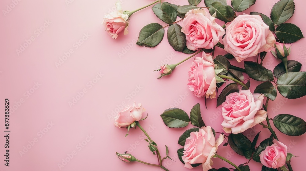 Rose flowers on soft pink surface for Mother s Day and Women s Day concept Flat lay with room for text