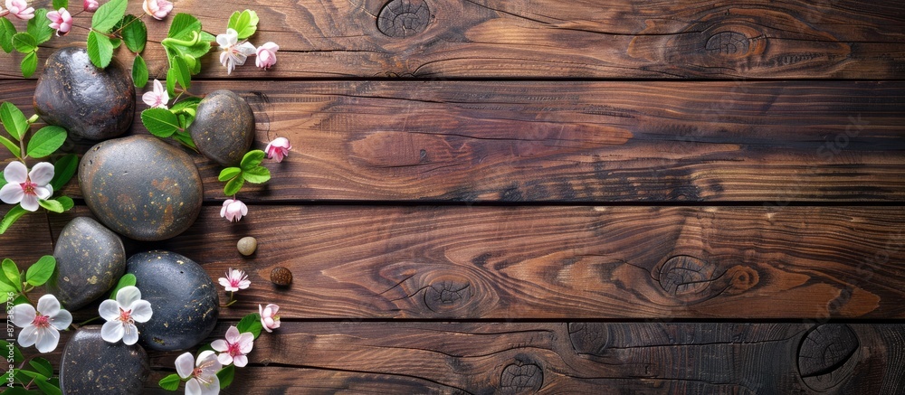 Wooden background adorned with spa stones and exquisite flowers perfect for a serene ambiance in a stunning copy space image Wooden background adorned with spa stones and exquisite flowers perfect for a serene ambiance in a stunning copy space image