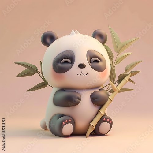 Adorable 3D illustration of a giant panda bear hugging bamboo against a beige background photo