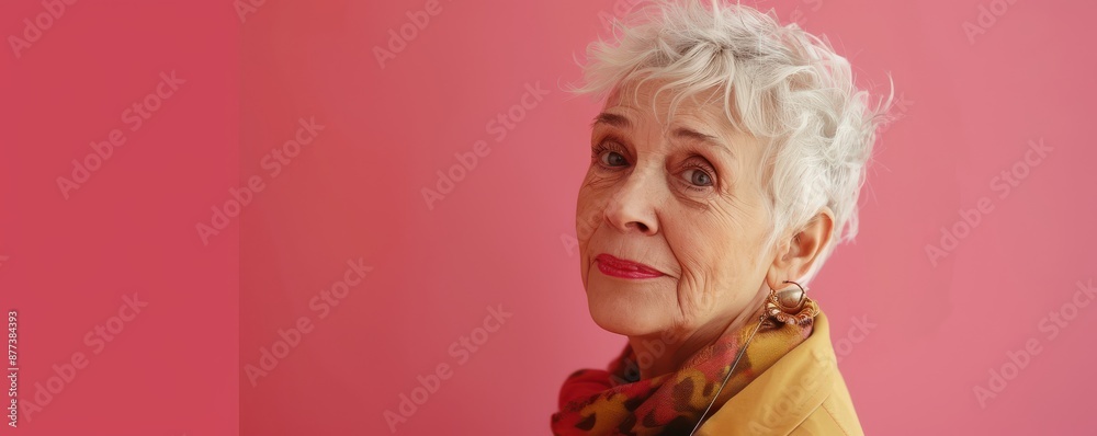 Fototapeta premium A older woman with gray hair is sitting and looking up. Free copy space for banner.
