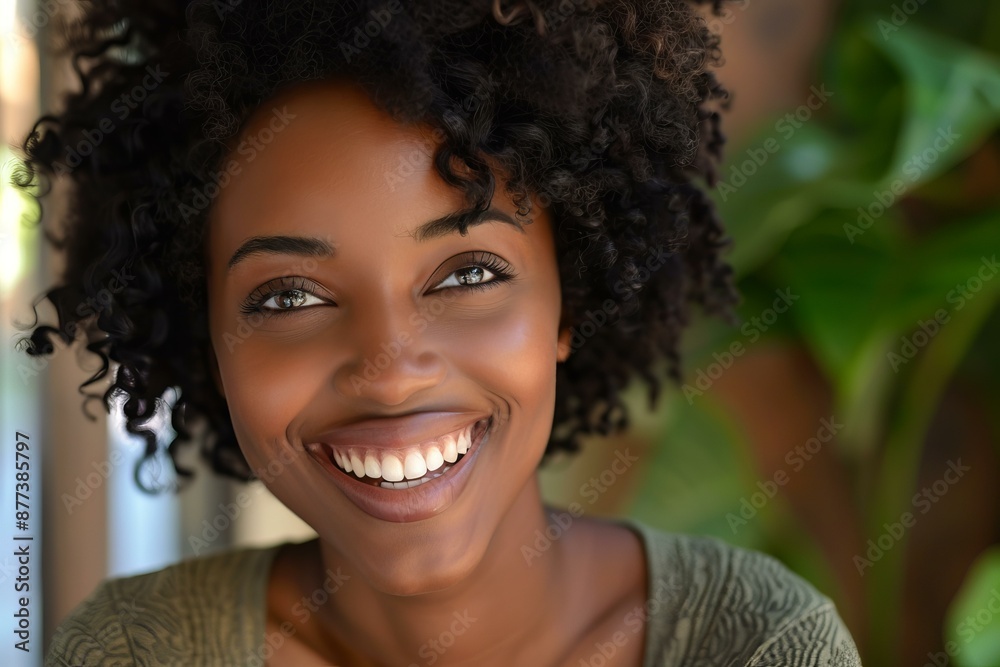 Beautiful black woman with afro hairstyle smiling in green shirt Beautiful black woman with afro hairstyle smiling in green shirt