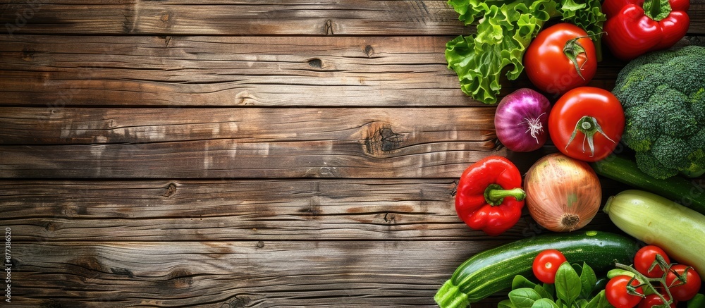 Vegetables freshly harvested in summer displayed on a wooden backdrop with room for text in the image. Copy space image. Place for adding text and design Vegetables freshly harvested in summer displayed on a wooden backdrop with room for text in the image. Copy space image. Place for adding text and design