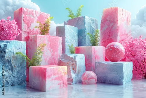 Abstract Dreamscape with Geometric Marble Structures, Pink and Blue Marble Blocks, Spherical Objects, Green Ferns, and Pink Blossom Trees Under a Cloudy Skyabstract photo