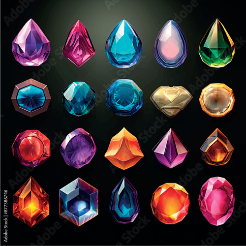 Collection of stylized multi-colored gemstones icons, labels, badges, illustration. Crystals gems icons of different types. Jewelry, treasures, costume jewelry, set of shiny stones art.