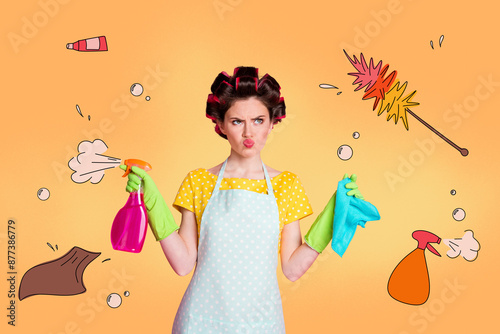 Composite photo collage of pouted lips housewife hold clean spray rub household chores duties hygiene isolated on painted background