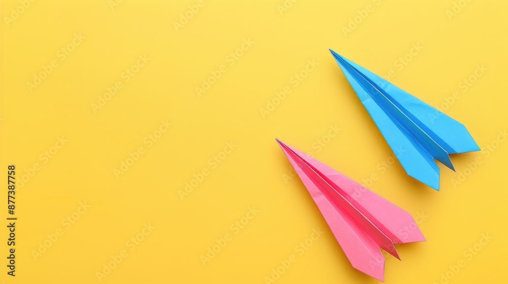Minimalistic composition of two blue and pink paper airplanes on yellow background
