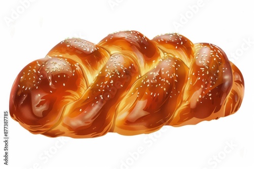 A beautifully illustrated freshly baked challah bread, isolated on a clean white background, perfect for food bloggers and enthusiasts. The golden crust and soft interior are mouthwateringly depicted. photo