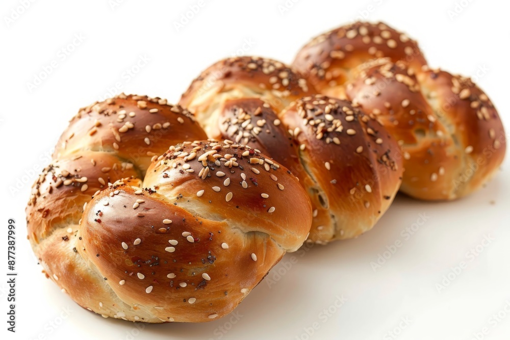 A warm, golden-brown challah bread sits alone on a clean white background, emitting a sweet aroma. The soft, fluffy texture and delicate braids invite you to take a bite. A warm, golden-brown challah bread sits alone on a clean white background, emitting a sweet aroma. The soft, fluffy texture and delicate braids invite you to take a bite.