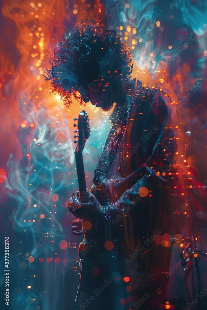 Abstract Artistic Portrait of a Musician with Electric Guitar Amidst Vibrant Colorful Smoke and Bokeh Light Effectsmusician Abstract Artistic Portrait of a Musician with Electric Guitar Amidst Vibrant Colorful Smoke and Bokeh Light Effectsmusician