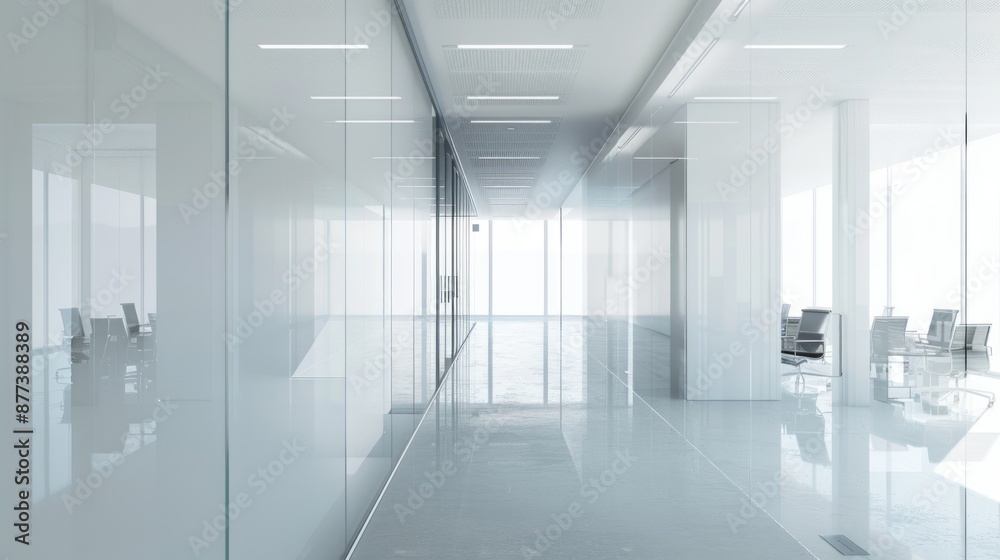 Obraz premium Modern Office Hallway with Glass Walls and Bright Lighting
